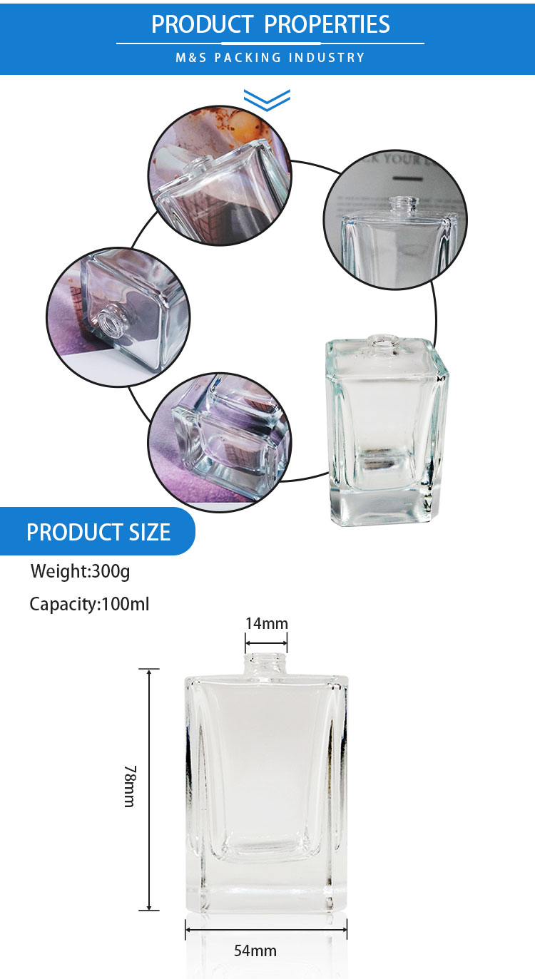 تفاصيل زجاجة عطر مربعة جديدة ذات جدران سميكة سعة 100 مل