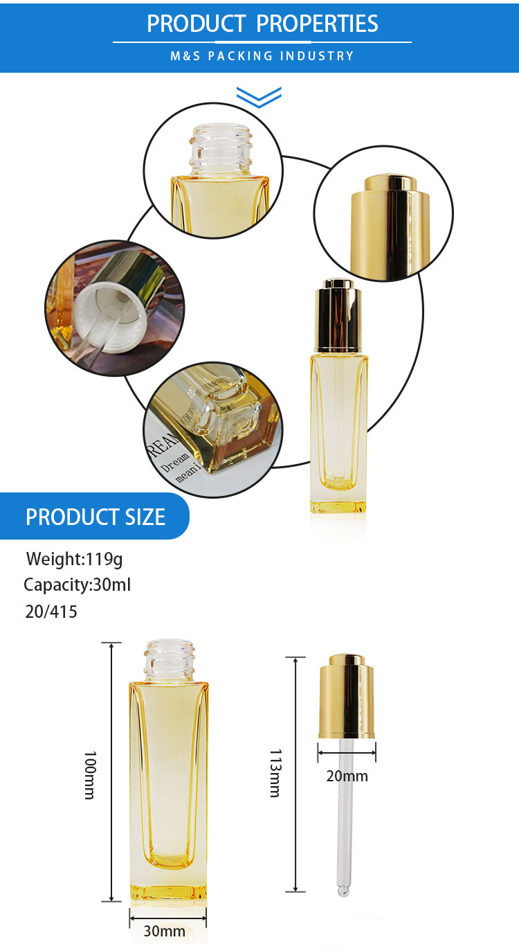 تفاصيل زجاجة قطارة زجاجية مربعة برتقالية