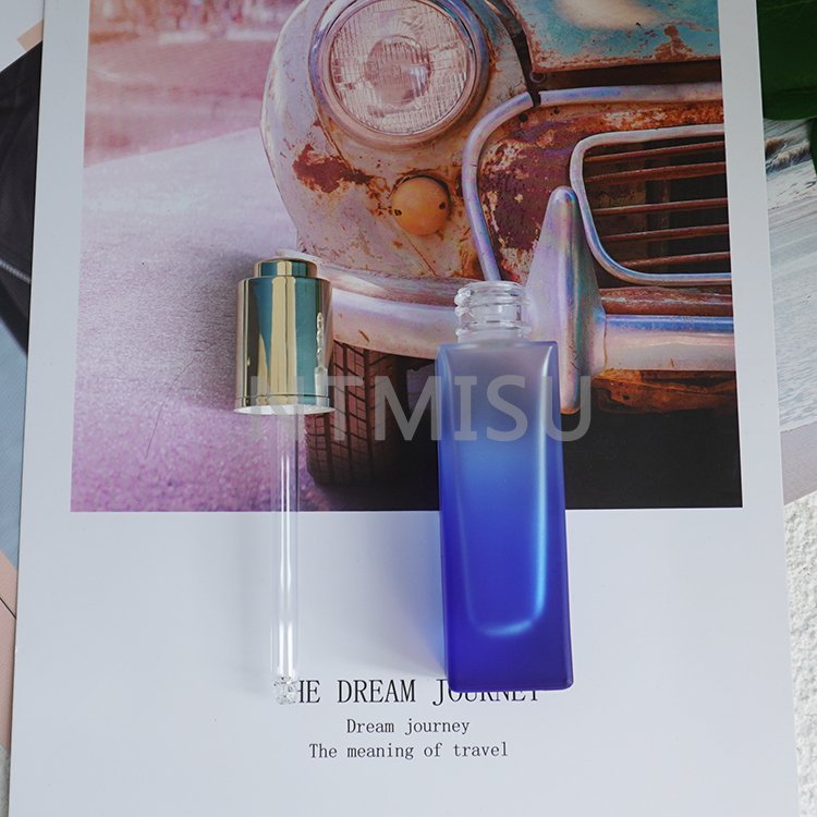 زجاجة زجاجية زرقاء متدرجة شفافة ممتازة سعة 1 أونصة 30 مل مع قطارة زيت للزيوت العطرية