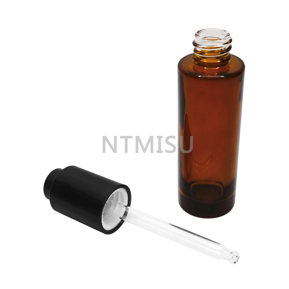 زجاجة كهرمانية مسطحة الكتف سعة 30 مل مع قطارة بزر ضغط أسود 18 410