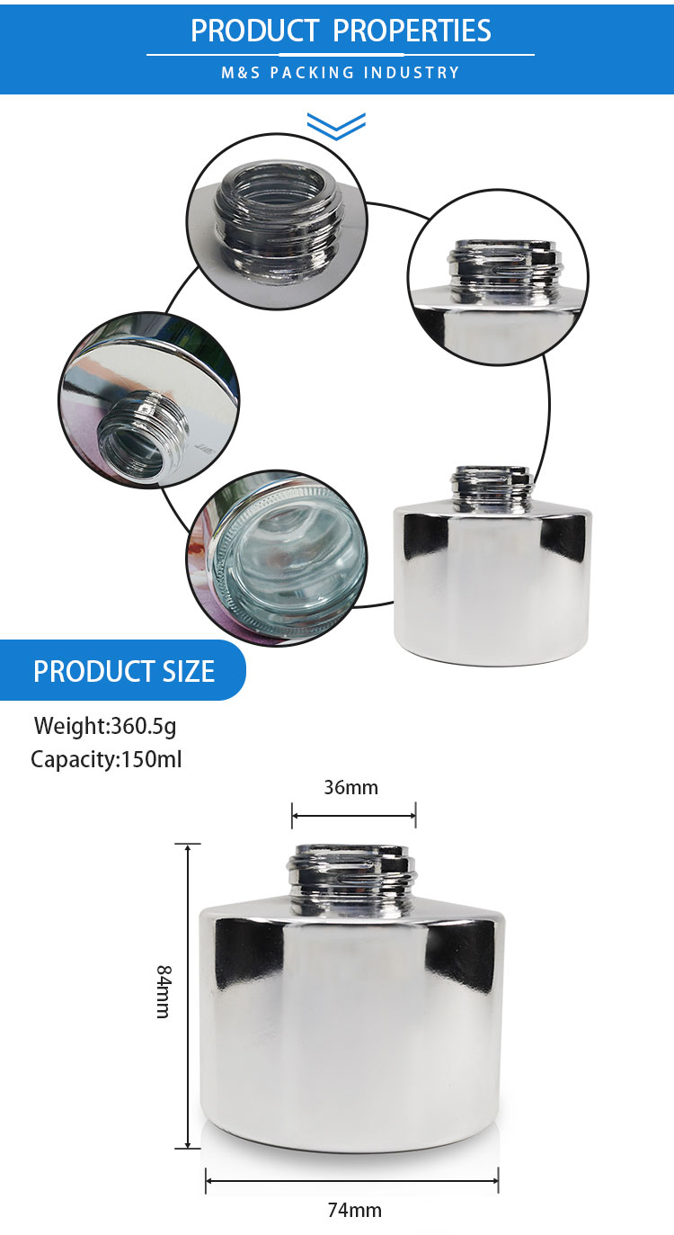 تفاصيل زجاجة زجاجية فضية لامعة للعلاج بالروائح العطرية سعة 150 مل
