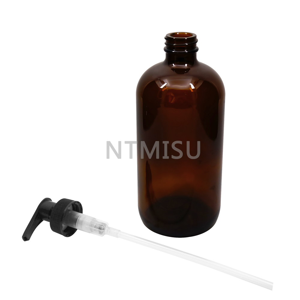 زجاجة زجاجية مستديرة من العنبر بوسطن سعة 16 أونصة مع مضخة