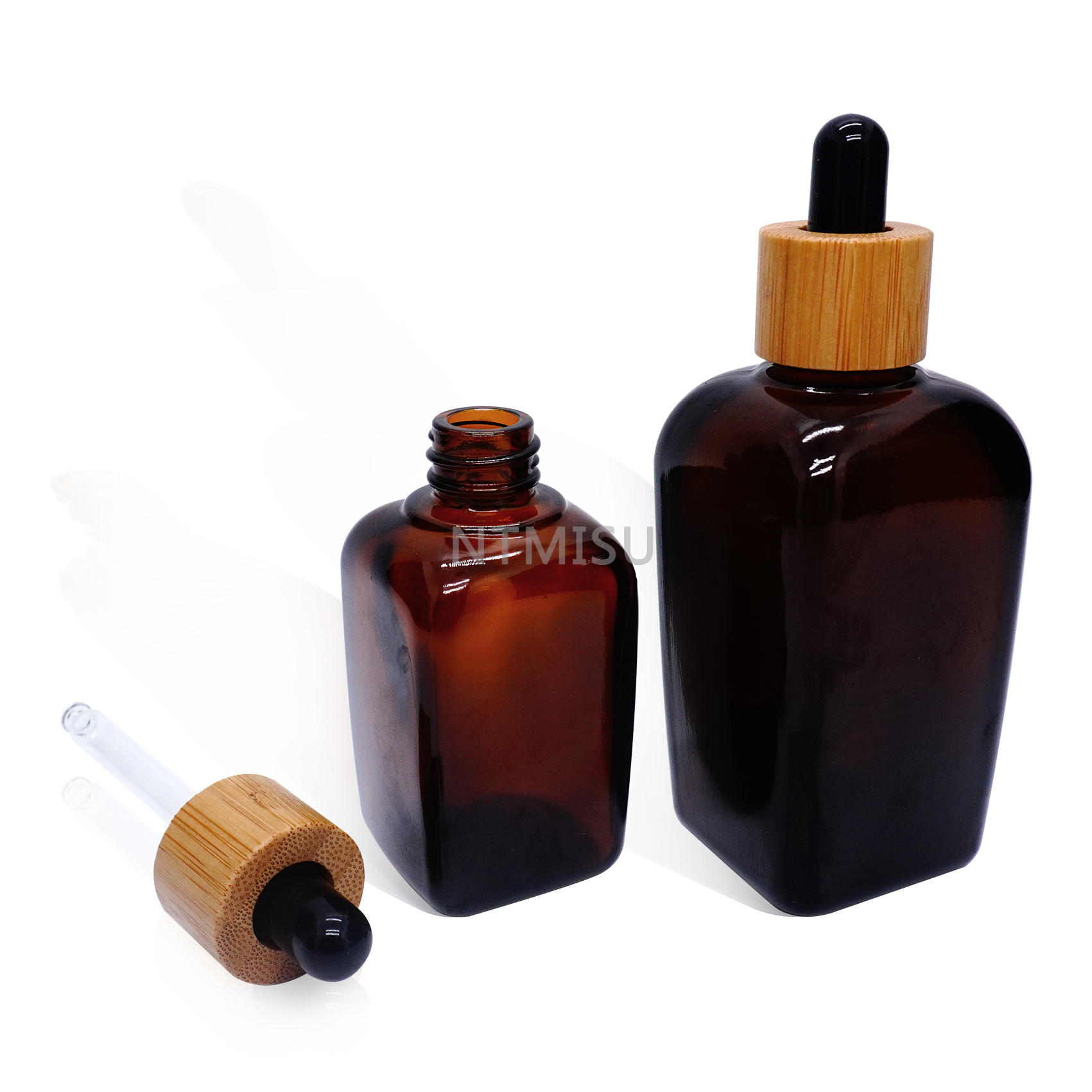 زجاجة العنبر الزجاجية المربعة مع قطارة من الخيزران