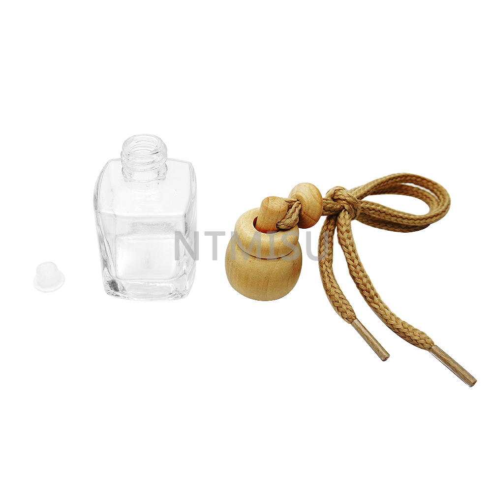 زجاجة عطر زجاجية فارغة سعة 16 مل مع غطاء خشبي لتعليق السيارة