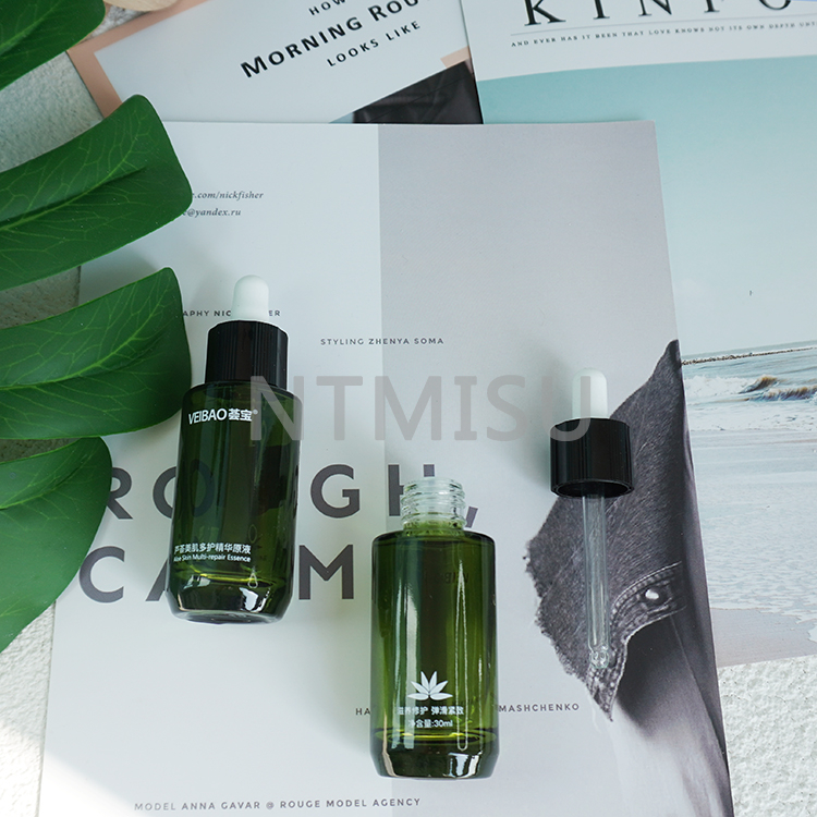 مجموعات زجاجات قطارة كتف مسطحة باللون الأخضر الزمردي سعة 30 مل و1 أونصة مع قطارة سيليكون سوداء