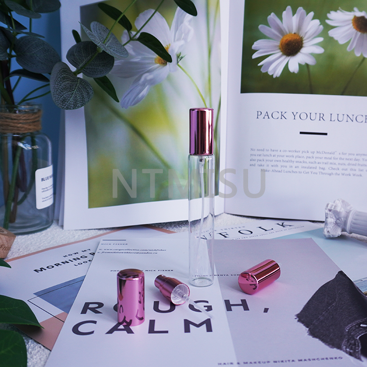 زجاجة عطر زجاجية رفيعة ورائعة سعة 10 مل مع بخاخ رذاذ ناعم وردي وردي ذهبي لامع